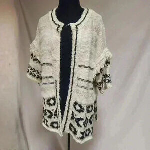 Blue‎ B Collection Small Cream/Black BoHo Cotton Sweater Jacket Fringe Accents